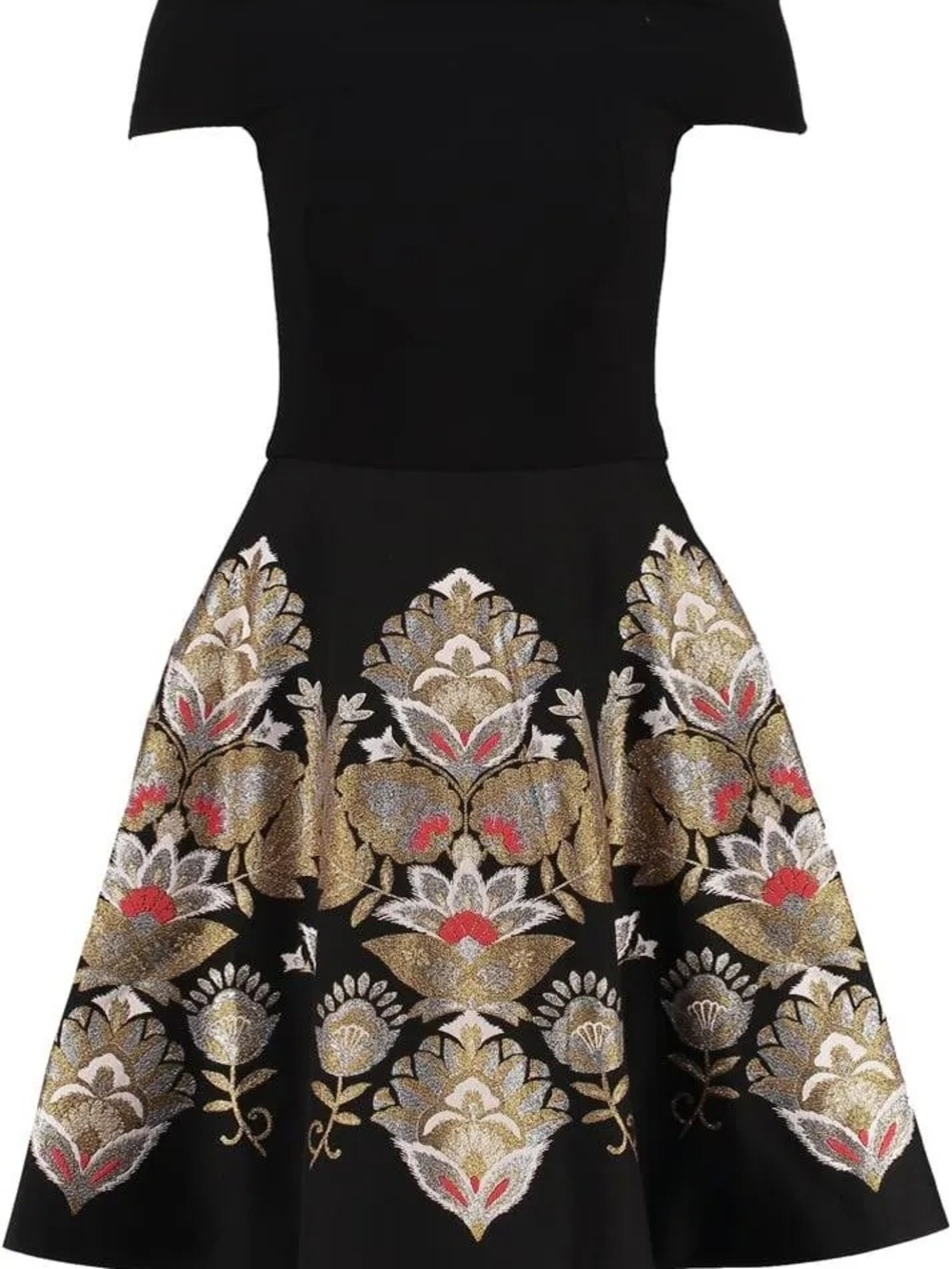 Ted Baker London Black Off-Shoulder Midi Dress with Gold and Red Embroidery